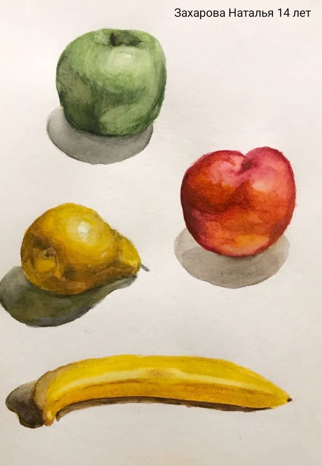 #живопись_artshkolaspb

Подготовила пособие к одному из упражнений нашей программы, которое практикуют ребята в группах 7+, 11+ и 14+. 

Упражнение простое, но очень полезное. Перед ним по порядку идёт такое же, но в исполнении карандашом. После того как с тоном разобрались, можно переходить к цвету.

Упражнение делится на три уровня сложности. В пособии самый простой вариант - это баклажан. Требуется определить блик, локальный цвет предмета, положение собственной тени на предмете и показать серую падающую тень. 

Чуть сложнее вариант с зелёным яблоком. Здесь уже ко всему вышеперечисленному нужно постараться передать различные цветовые оттенки предмета (передать цветовой нюанс) и падающей тени.

И третий уровень сложности - это желто-красные яблоко с грушей. Помимо переливов цвета, добавляются ещё рефлексы и усиление тона в начале собственной тени.

Начало работы для всех трёх вариантов - это заливка всего предмета слабым тоном зоны света с сохранением бликов, обозначением падающей тени. В пособии - это красное яблоко. На этом этапе уже можно определить, с каким уровнем сложности упражнения справится ученик. Если без проблем получилось быстро подобрать нужные тона и оттенки - стремимся к самому сложному варианту. Если же ученику тяжело дается начальный этап - остаемся на втором или первом уровне. 

Данное упражнение помогает освоить самые первые шаги в формообразовании предметов. Запомнить, что вне зависимости от того видно или не видно в натуре, а тени все таки есть!😁 И их нужно показать обязательно, иначе не получится передать объем! Прочувствовать пластические свойства акварели: ее текучесть и прозрачность, без отвлечения внимания на плавные переходы. Потренировать глаз и мозг различать градации тонов. И конечно же поломать голову над тем, как же уложить тень на предмет, что бы подчеркнуть его конструкцию (это задание здорово развивает пространственное и логическое мышление)🧐

На первом фото представлено мое пособие.
Дальше идут рисунки учеников различного возраста, выполненные на занятиях с преподавателями Ксенией Олеговной Танковой, Жанной Александровной Флерко и Валерией Ивановной Цыплаковой.
 
#живопись #академическаяживопись  #рисование #картина #какнарисовать #акварель #акварельдляначинающих #урокиакварели
