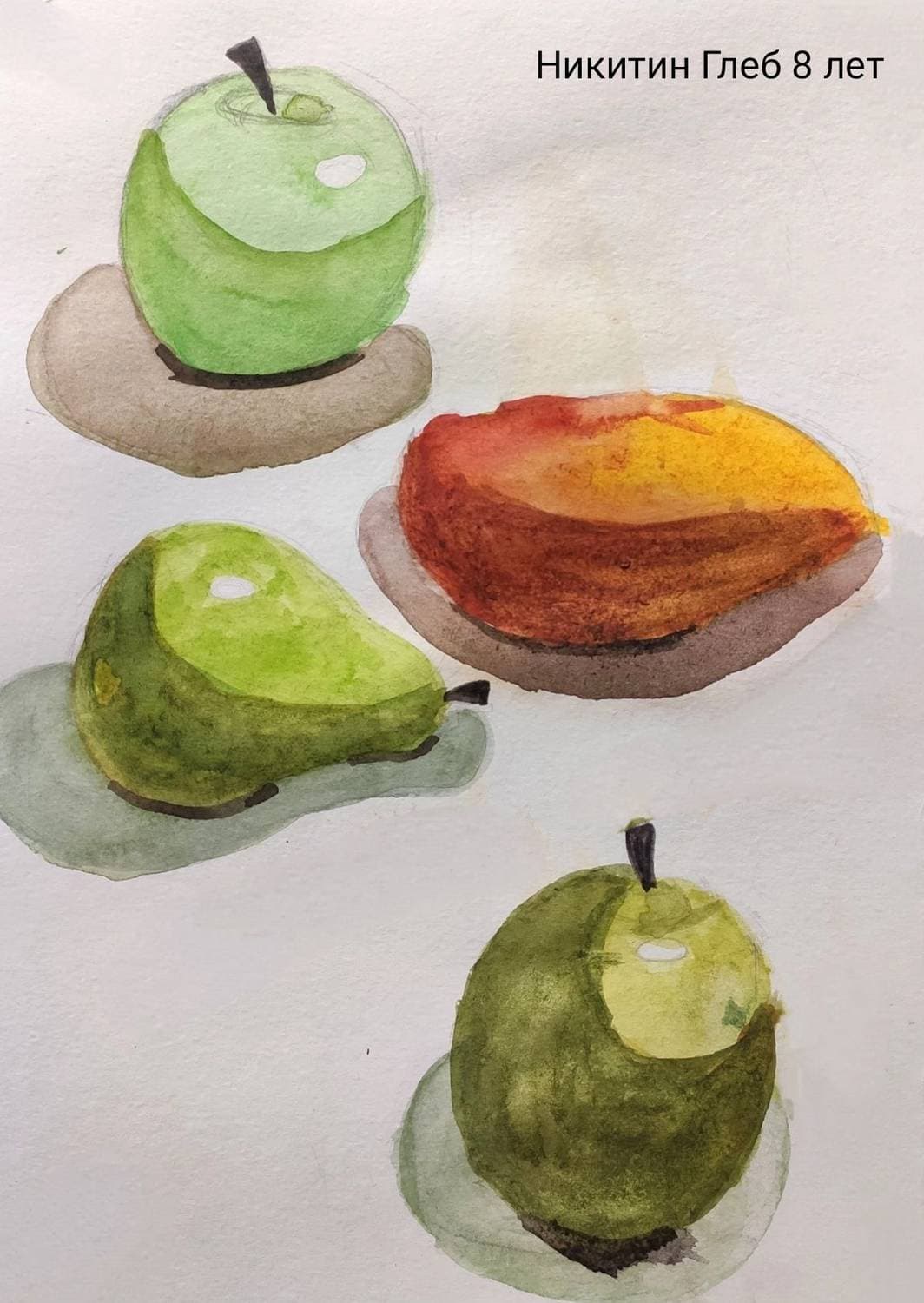 #живопись_artshkolaspb

Подготовила пособие к одному из упражнений нашей программы, которое практикуют ребята в группах 7+, 11+ и 14+. 

Упражнение простое, но очень полезное. Перед ним по порядку идёт такое же, но в исполнении карандашом. После того как с тоном разобрались, можно переходить к цвету.

Упражнение делится на три уровня сложности. В пособии самый простой вариант - это баклажан. Требуется определить блик, локальный цвет предмета, положение собственной тени на предмете и показать серую падающую тень. 

Чуть сложнее вариант с зелёным яблоком. Здесь уже ко всему вышеперечисленному нужно постараться передать различные цветовые оттенки предмета (передать цветовой нюанс) и падающей тени.

И третий уровень сложности - это желто-красные яблоко с грушей. Помимо переливов цвета, добавляются ещё рефлексы и усиление тона в начале собственной тени.

Начало работы для всех трёх вариантов - это заливка всего предмета слабым тоном зоны света с сохранением бликов, обозначением падающей тени. В пособии - это красное яблоко. На этом этапе уже можно определить, с каким уровнем сложности упражнения справится ученик. Если без проблем получилось быстро подобрать нужные тона и оттенки - стремимся к самому сложному варианту. Если же ученику тяжело дается начальный этап - остаемся на втором или первом уровне. 

Данное упражнение помогает освоить самые первые шаги в формообразовании предметов. Запомнить, что вне зависимости от того видно или не видно в натуре, а тени все таки есть!😁 И их нужно показать обязательно, иначе не получится передать объем! Прочувствовать пластические свойства акварели: ее текучесть и прозрачность, без отвлечения внимания на плавные переходы. Потренировать глаз и мозг различать градации тонов. И конечно же поломать голову над тем, как же уложить тень на предмет, что бы подчеркнуть его конструкцию (это задание здорово развивает пространственное и логическое мышление)🧐

На первом фото представлено мое пособие.
Дальше идут рисунки учеников различного возраста, выполненные на занятиях с преподавателями Ксенией Олеговной Танковой, Жанной Александровной Флерко и Валерией Ивановной Цыплаковой.
 
#живопись #академическаяживопись  #рисование #картина #какнарисовать #акварель #акварельдляначинающих #урокиакварели